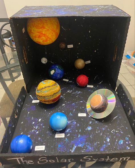 Shoebox Solar System, Easy 3d Solar System Project, Cardboard Solar System, Universe Model Project, Planet Diaroma, Clay Solar System Model, Solar System Diaroma, Easy Solar System Project, Planet School Project Ideas