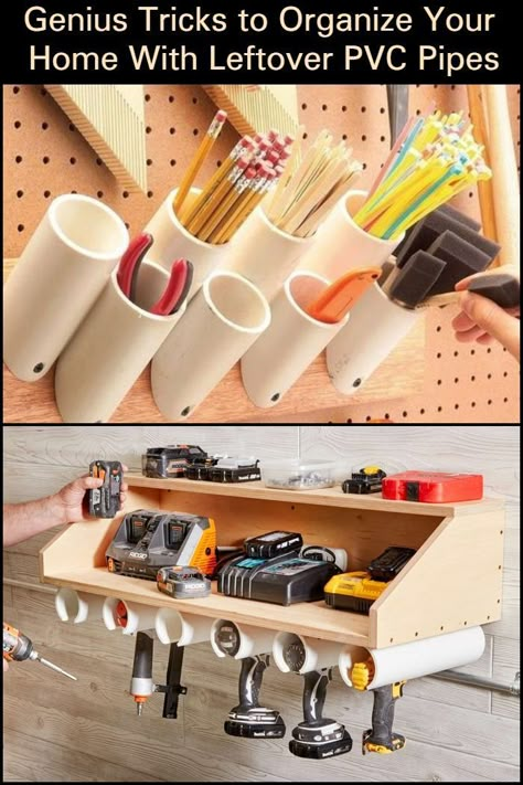 What other genius ideas do you have for PVC pipes? Pvc Storage Ideas, Arbejdsplads Garage, Garage Organization Tips, Garage Organisation, Storage Shed Organization, Garage Workshop Organization, Woodworking Garage, Garage Tool Organization, Garage Organization Diy