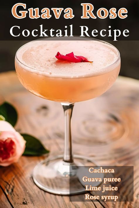 Introducing the Guava Rose Cocktail, a vibrant blend of cachaça, guava purée, and fresh lime juice, sweetened with aromatic rose syrup. This tropical and floral concoction is a celebration of exotic flavors, topped with a delicate rose petal garnish for a touch of elegance. Guava Cocktail, Guava Drink, Rose Cocktail Recipes, Recipes For Beginners Easy, Rose Syrup, Guava Tree, Most Popular Cocktails, Rose Cocktail, Easy Cocktail Recipes