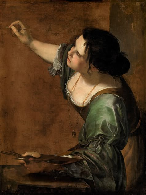 Artemisia Gentileschi was invited to London in 1638 by Charles I, and probably produced this sophisticated and accomplished self-portrait in England. She holds a brush in one hand and a palette in the other, cleverly identifying herself as the female personification of painting - something her male contemporaries could never do.It was probably during her brief English sojourn (1638-c.1641) that Artemisia Gentileschi produced this painting. She was invited in 1638 by Charles I to come to London t Orazio Gentileschi, Famous Self Portraits, Artemisia Gentileschi, Female Painters, Anthony Van Dyck, Famous Portraits, Baroque Painting, Edouard Manet, Peter Paul Rubens