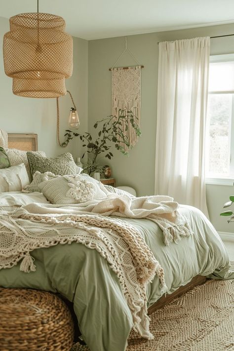 Green Comforter Bedroom, Green Room Ideas Bedroom, Light Green Bedrooms, Green Room Decor, Green Bedroom Decor, Earthy Bedroom, Sage Green Bedroom, Green Bedroom, Stil Boho