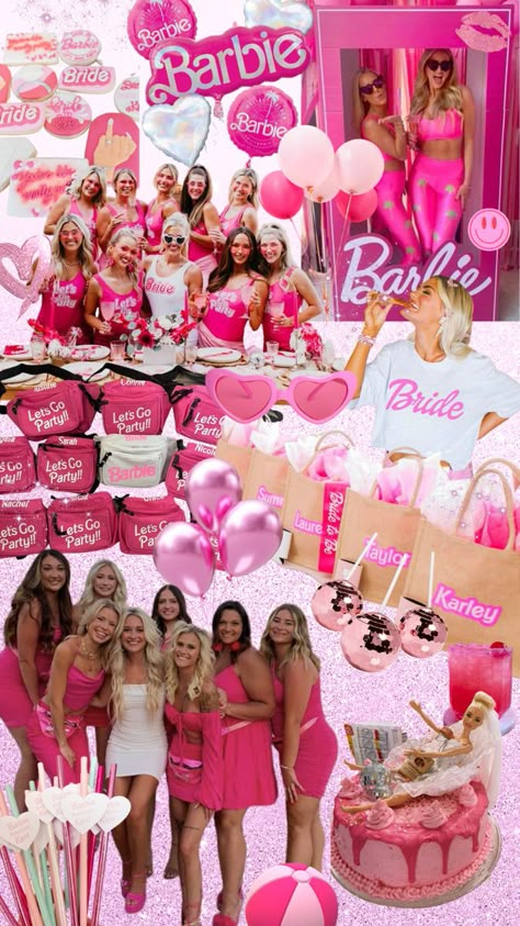 Barbie pink bachelorette party theme with outfits and decor inspo Barbie Party Theme Outfit, Paris Hilton Bachelorette Party, Come On Barbie Let’s Go Party Bachelorette, Pink Ladies Bachelorette Party, Barbie Themed Hens Party, Barbie Bachelorette Outfit, Barbie Bachelorette Aesthetic, Barbie Cowgirl Bachelorette, Nashville Barbie Bachelorette