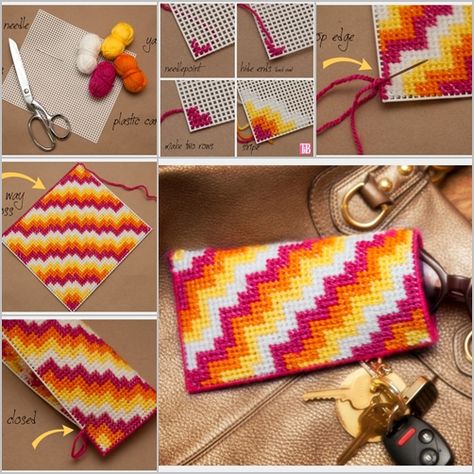 This glasses case with bold geometric zigzag pattern and bright colors looks great, we can change the color to Classic Missoni prints, sounds great, right? Materials: Plastic canvas Yarn – two colors Needle Scissors LIKE US ON FB Get More Right To Your Inbox! Get captivating new Tutorials, just … Eyeglass Cases Plastic Canvas, Motifs Bargello, Eyeglass Cases Pattern, Woven Coasters, Glass Cases, Bargello Patterns, Bargello Needlepoint, Plastic Canvas Coasters, Plastic Canvas Stitches