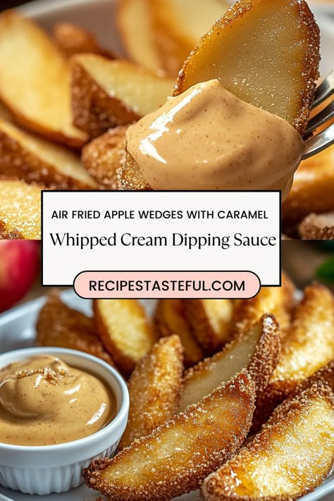 Craving a sweet and crispy treat? These Air Fried Apple Wedges are a delightful snack that pairs warm, tender apples with a light caramelized coating. Served with a fluffy caramel whipped cream dipping sauce, this easy recipe is perfect for fall gatherings or an after-dinner treat. Enjoy all the flavors of caramel apples in a healthier, air-fried version that’s quick and satisfying! Save this pin for a crowd-pleasing dessert that’s as fun to eat as it is delicious! Air Fried Apples, Fried Apples Recipe Easy, Air Fried Apple, Caramel Whipped Cream, Carbquik Recipes, Whipped Cream Desserts, Fried Apple, Caramel Apples Recipe, Winter Snack