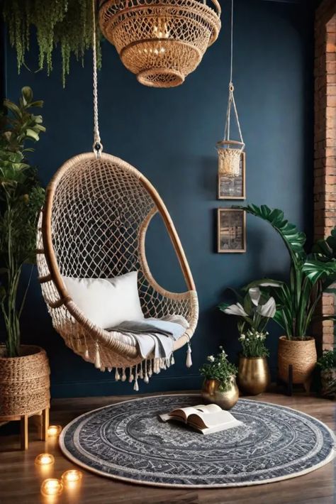 Whimsical reading corner with macrame chair Chic Reading Nook, Reading Room Design, Bohemian Chair, Bedroom Reading Chair, Reading Corner Kids, Reading Nook Chair, Macrame Chair, Floating Chair, Bubble Chair