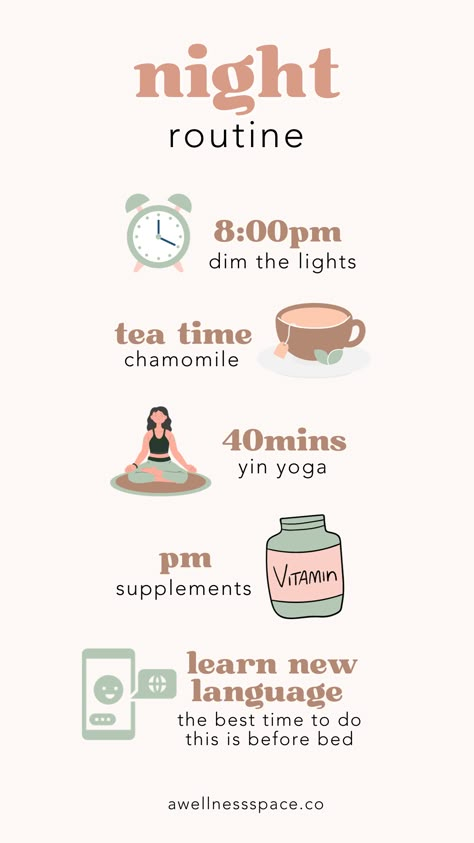 infographic showing the step by steps for a night time routine for optimal wellness Nighttime Ritual, Bedtime Yoga, Time Routine, Nighttime Routine, Self Care Bullet Journal, Night Time Routine, Evening Routine, Wellness Routine, How To Stay Awake