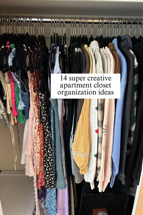 apartment closet organization ideas Small Clothing Closet Organization Ideas, Alternative Closet Organization, Tiny Home Clothes Storage Small Closets, Small Apartment Wardrobe Ideas, Small Apt Closet Ideas, Exposed Closet Ideas Small Spaces, Small Apartment Closet Storage, Brown Closet Aesthetic, Small Closet Organization Ideas Rental