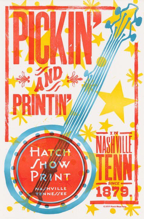 Decades into the digital age, Hatch Show Print’s style is so widely imitated it’s probably familiar to millions who’ve never even heard of it. Hatch Print, Hatch Show Print, Subtractive Color, Concert Poster, Type Posters, Festival Posters, Design Typography, Letterpress Printing, Nashville Tennessee