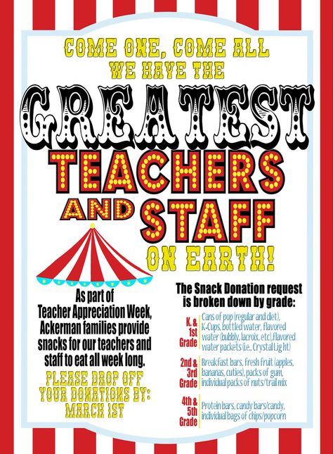 Circus Themed Teacher Appreciation Week, Circus Teacher Appreciation Week, Teacher Appreciation Week Themes Ideas, Staff Appreciation Themes, Staff Recognition Ideas, Pto Teacher Appreciation Ideas, Pta Activities, Teacher Appreciation Party, School Food Ideas