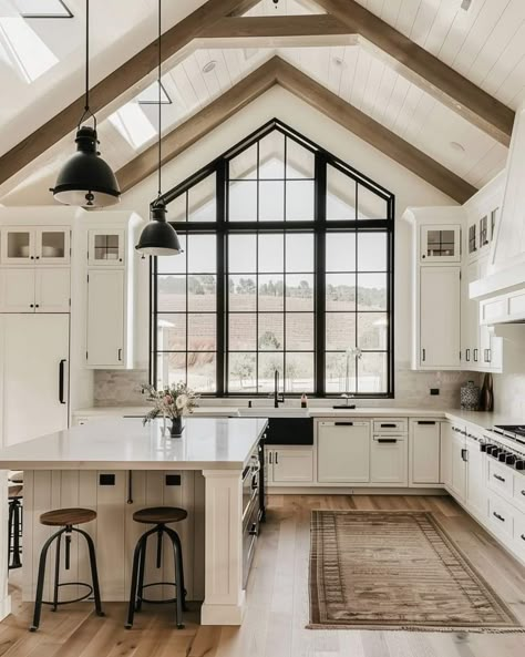 Farmhouse Kitchen Cathedral Ceiling, Barnhouse Homes Modern Interior, Farmhouse Big Windows, Vaulted Ceiling Kitchen Cabinets, House Interior Farmhouse Style, Vaulted Kitchen Ceiling, Kitchen With Big Windows, Cathedral Ceiling Kitchen, Barndominium Kitchen Ideas