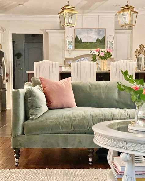 Light Green Sofa Decor, French Blue Velvet Sofa, Best Family Sofa Living Rooms, Seafoam Green Couch Living Room Ideas, Vintage Style Sofa, French Country Sectional Sofa, Living Room With Green Velvet Sofa, Arhaus Furniture Living Rooms, Velvet Lounge Room