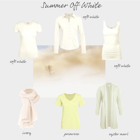 Rather than stark white or golden cream shades, Summers have a slightly softened grey white, known as soft white or (somewhat confusingly) winter white. Soft Summer White, Suitcase Outfits, Cool Summer Palette, Soft Summer Palette, Soft Summer Color Palette, Neutral Capsule Wardrobe, Soft Summer Colors, Summer Palette, True Summer