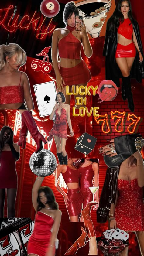 bachelorette theme, lucky in love bachelorette party, lucky in love decor, red aesthetic, casino aesthetic, red club attire, bachelorette theme inspo, red outfit inspo, red and black theme Vegas Bachelorette Party Themes, Casino Bachelorette Party, Vegas Bachelorette Party Outfits, Bachelorette Party Outfit Themes, Red And Black Theme, Love Bachelorette Party, Bachelorette Outfit Themes, Las Vegas Party Theme, Casino Aesthetic