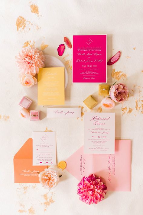 Get inspired by this modern and bright wedding invitation suite. Mix shades of hot pink, yellow, and orange with an elegant script for chic and fun design. The invitation suite includes menu and place card designs for a cohesive display. Find more modern wedding invitation inspiration at brownfoxcreative.com. Modern Bright Wedding, Pink And Yellow Wedding, Bright Wedding Invitations, Yellow Wedding Invitations, Colorful Wedding Invitations, Bright Wedding, Orange Wedding, Invitation Inspiration, Yellow Wedding