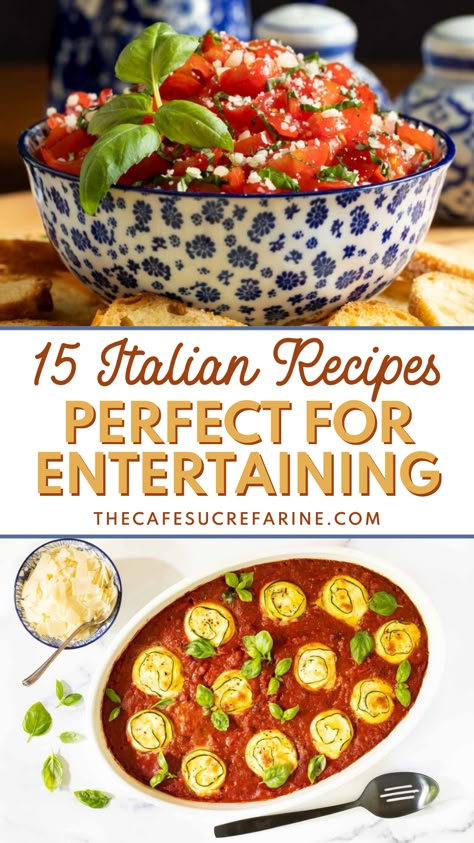 Here are 15 Italian Recipes Perfect for Entertaining in any setting! These recipes are all outrageously delicious, especially when you take into account how easy they are to put together. Guaranteed to please a crowd, these recipes will never let you down, so check out the list and try them out today! Italian Food For Large Party, Italian Dinner Main Dishes, Easy Dinner Entertaining, Menu For Italian Dinner Party, Italian Make Ahead Recipes, Italian Food To Feed A Crowd, Italian Dishes For A Crowd Parties, Traditional Italian Dishes Healthy, Italian Entrees For A Crowd