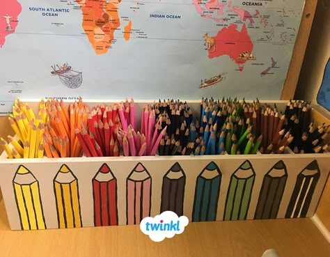 Brilliant homemade pencil pot - perfect for organising your coloured pencils in the classroom. How long will this organisation last?....😂 Print these editable coloured pencils and have a go at making your own pot.   #pencils #colouring #teachinghacks #classroom #classroomorganisation #classroommanagement #teacherhumor #teacherappreciation #twinkl #twinklresources Pencil Caddy Classroom, Classroom Pencil Organization, Classroom Resources Organisation, Colored Pencil Organization Classroom, Classroom Organisation Ideas, Marker Organization Classroom, Colourful Classroom Ideas, Pencil Organization Classroom, Classroom Pencil Pots