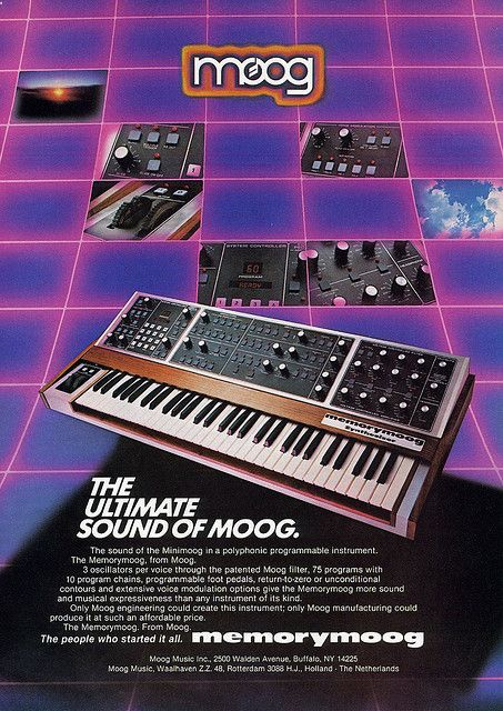 Memorymoog advertisement UK 1983 by Neil Vance, via Flickr Techno Viking, Moog Synthesizer, Vintage Synth, 80s Synth, Light Grid, Analog Synth, Studio Music, Magazine Advertisement, Synth Pop