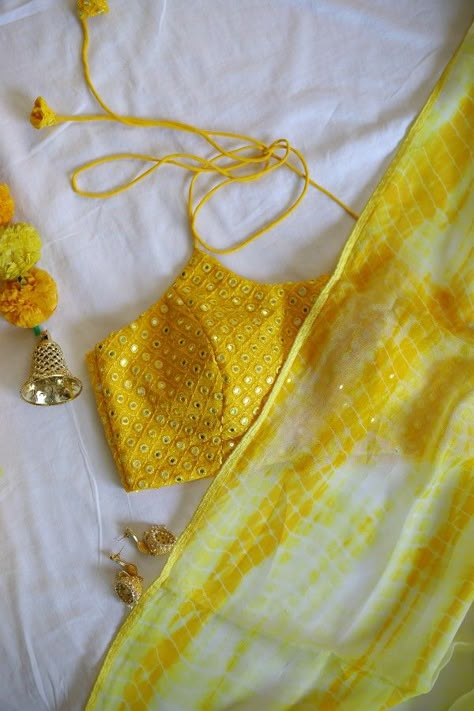 Yellow Organza Shibori Tie and Dye Saree Yellow Mirror Work Saree, Yellow Tie Dye Saree, Mirror Work Fabric, Tie Dye Saree, Tie And Dye Saree, Sleeveless Blouse Designs, Haldi Dress, Shibori Sarees, Saree Blouses Designs