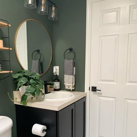 Foxhall Green, Forest Green Bathroom, Green Small Bathrooms, Green Bathroom Paint, Dark Green Bathrooms, Small Bathroom Paint, Green Bathroom Decor, Green Accent Walls, Texas House