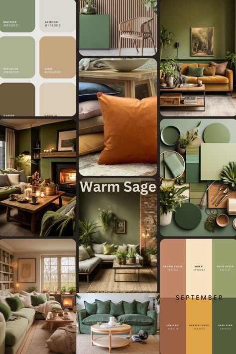 Home Decor Nature Inspired Color Palettes, Terracotta And Sage Interior, Modern Indie Interior Design, Green Interiors Living Room, Sage Green And Ochre Living Room, Rust Navy Green Bedroom, Emerald Green And Rust Living Room, Green And Ochre Living Room, Earthy Bright Living Room