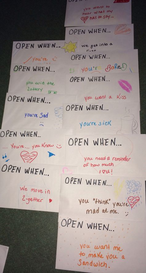 Open when card ideas. So cute for valentines day or a birthday. Open When Letters For Crush, Dye Gifts For Boyfriend, Birthday Diy Gifts For Him, Boyfriend Card Ideas, Birthday Diy Gifts, Presents For Bff, Open When Cards, Deployment Ideas, Cadeau St Valentin