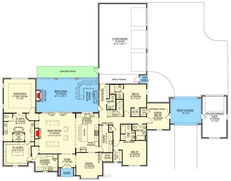 Single-Story 4-Bedroom Modern French Country Home with Porte Cochere (Floor Plan) House With Porte Cochere Floor Plans, Home Plans With Porte Cochere, Motor Court Design, House Plans With Motor Court, French Country House Plans With Porte Cochere, Floor Plans With Porte Cochere, Houses With Porte Cochere, Porte Cochere Floor Plan, Porte Cochere Design