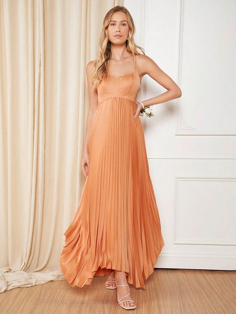 SHEIN Belle Pleated Hem Cami Bridesmaid DressI discovered amazing products on SHEIN.com, come check them out! Pale Orange Bridesmaid Dresses, Light Orange Bridesmaid Dresses, Latest Bridesmaid Dresses, Peach Bridesmaid Dresses, Apricot Dress, Orange Bridesmaid, Orange Bridesmaid Dresses, May Weddings, Pale Orange