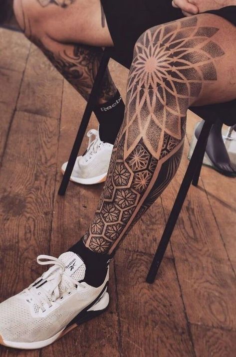 Geometric Leg Sleeve, Geometric Leg Tattoo, Geometric Tattoo Leg Sleeve, Mandala Leg Tattoo, Mandala Tattoo Mann, Calf Sleeve Tattoo, Geometric Tattoo Leg, Tato Mandala, Mandela Tattoo