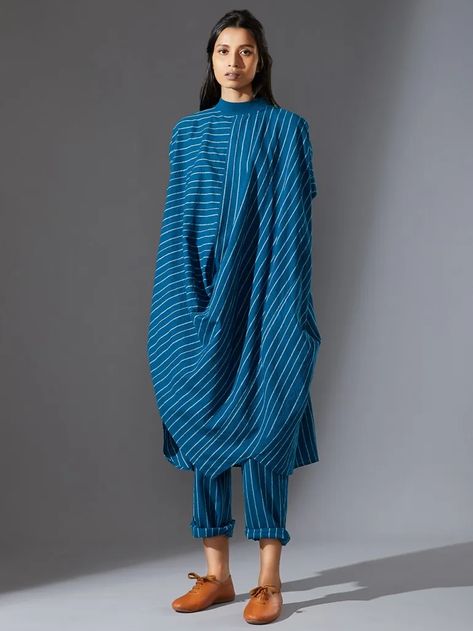 Buy Blue Striped Handwoven Cotton Cowl Tunic with Pants - Set of 2 | MTCOWLTUNICSET-AWBLUE/MATI14 | The loom Cowl Dress Indian, Dress With Pants, Tunic With Pants, Drape Pants, Flamboyant Gamine, Cowl Dress, Dopamine Dressing, Tech Industry, Bright Winter