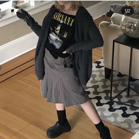 Goth Crocs Outfit, Goth Crocs, Grunge Cardigan, Crocs Outfit, Cardigan Skirt, Random Outfits, Sock Outfits, Wait What, 90s Grunge