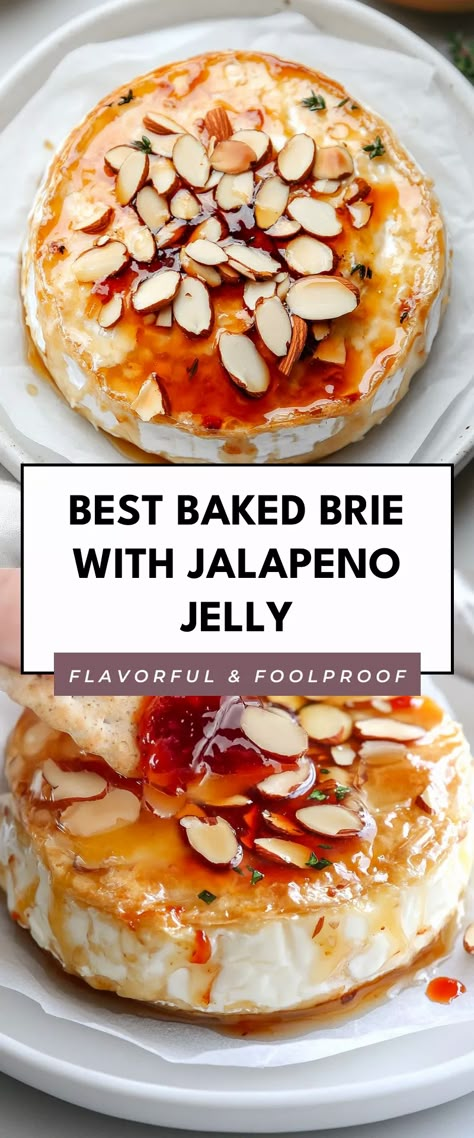 Image for Best Baked Brie with Jalapeno Jelly Jalapeno Jelly Uses, Bre Appetizers Baked Brie, Brie And Jelly Appetizer, Hot Brie Dip, Sweet And Spicy Baked Brie, Brie Pepper Jelly Appetizer, Best Baked Brie Recipes, Brie Cheese Appetizer Recipes, Hot Honey Brie Bites