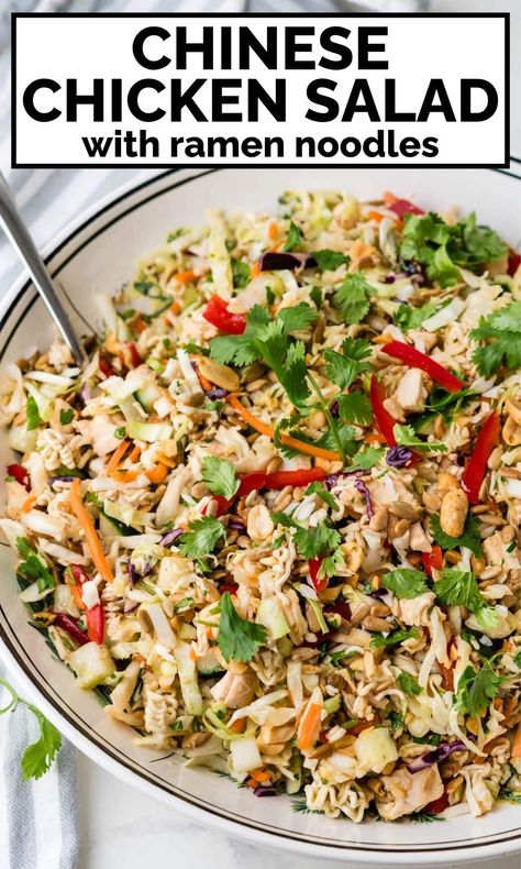 This quick and easy Chinese chicken salad uses bagged coleslaw mix, leftover rotisserie chicken and ramen noodles for a crunchy asian chicken salad that's great for lunches, dinners, potlucks and more. The tasty Chinese chicken salad dressing uses the flavor packets from the ramen noodles. Your family will love this. Chinese Chicken Salad With Ramen Noodles, Coleslaw With Ramen Noodles, Easy Chinese Chicken Salad, Chicken And Ramen, Healthy Ramen Noodle Recipes, Chinese Chicken Salad Dressing, Easy Chinese Chicken, Rotisserie Chicken Recipes Healthy, Crunchy Asian Salad