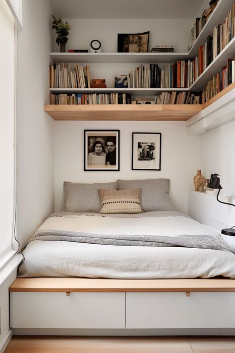 Maximize your small bedroom with smart organization hacks! This post reveals clever tips to optimize, and enhance your space. Find out how to create a functional, serene oasis, no matter the size. #SmallBedroom #SpaceSaving #OrganizingTips Built In Bed Small Bedroom, Micro Bedroom Storage, Tiny Bedroom Just Bed, Tiny Bedroom Full Bed, Cozy Bedroom With Storage, Bedroom Tiny Space, Double Bed In Box Room, Ikea Small Bedroom Ideas Space Saving, Ikea Bedroom Ideas For Couples Small Spaces