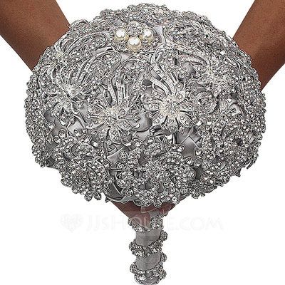 [US$ 97.00] Round Satin/Rhinestone Bridal Bouquets (Sold in a single piece) - (123182140) Bling Wedding Bouquet, Luxury Bridal Bouquet, Silver Bouquet, Bouquet For Bride, Bridal Party Bouquets, Crystal Bouquet, Bridal Brooch, Wrist Flowers, Bridal Brooch Bouquet