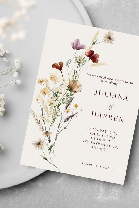 Wedding Cards Floral, Wildflower Invitation Wedding, May Wedding Invitations, Wedding Boho Invitation, Wedding Invitations With Flowers, Spring Invitations Template, Invitations Wedding Digital, Invite Wedding Card, Wedding Invitation Spring