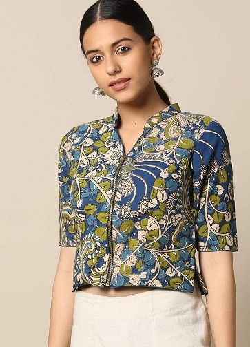 Kalamkari Tops, Kalamkari Blouse Designs, Kalamkari Art, Long Blouse Designs, Stylish Saree, Kalamkari Blouse, Kalamkari Designs, Cotton Blouse Design, Cotton Saree Blouse Designs