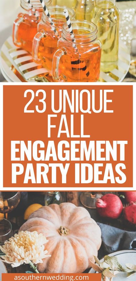 Plan a fabulous fall engagement party with these unique engagement party ideas. Your guests will be talking about it the rest of the year! #engagementparty #engagementpartyplanning #fallengagement #fallwedding #fallengagementparty #autumnengagementparty #autumnengagement #autumnwedding #cuteengagementpartyideas #engagementpartyinspo #backyardengagementparty Fall Engagement Decorations, Fall In Love Theme Engagement Party, Pumpkin Engagement Party, Engagement Party Fun Ideas, Small Engagement Party Themes, Small Engagement Dinner Ideas, Table Decor For Engagement Party, Engagement Party Photos Ideas, Fall Themed Engagement Party Ideas