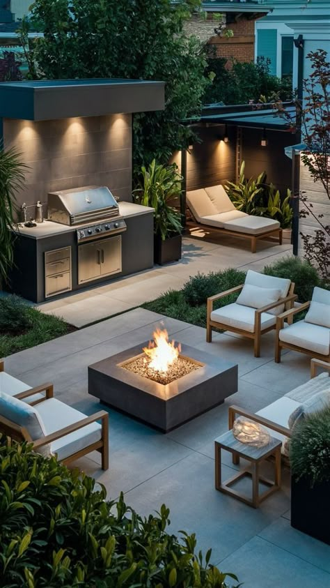 Backyard Bbq Landscape Ideas, Pergola Interior Design, Garden Fire Pit Area, Modern Outdoor Entertaining Area, Modern Backyard Fire Pit, Modern Bbq Area Outdoor, Villa Backyard Design, Small Outdoor Entertaining Area, Outdoor Chill Area