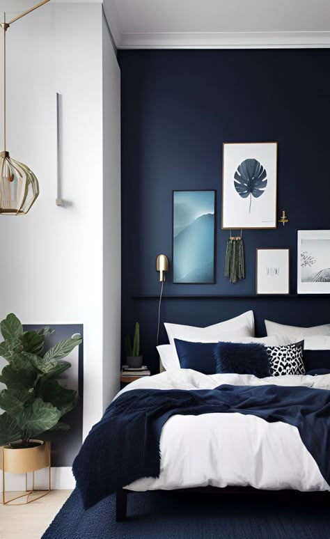 Blue Feature Wall Bedroom, Dark Blue Rooms, Dark Blue Bedrooms, Navy Blue Bedrooms, Blue Bedroom Walls, Blue Bedroom Design, Blue Interior Design, Feature Wall Bedroom, Blue Bedroom Decor