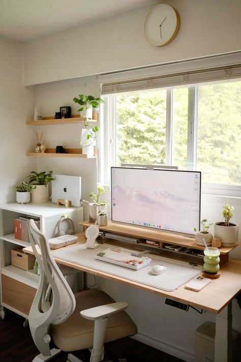 Plants Desk Setup, Art Desk In Living Room, Couples Study Room, Small Zen Office Ideas, Desks With Shelves Above, Maple Desk Setup, Minimal Desk Aesthetic, Boho Bedroom With Desk, Working From Home Desk