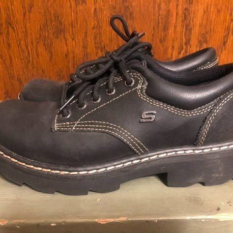 Vintage Skechers Chunky Oxford Platform Black Leather Women's Sz 8.5 Sketchers Oxfords Outfit, Vintage Sketchers Shoes, Oxford Sketchers, Sketchers Oxford, Sketchers Shoes For Women, Skechers Outfit, Sketchers Vintage, Chunky Oxfords, Vintage Skechers