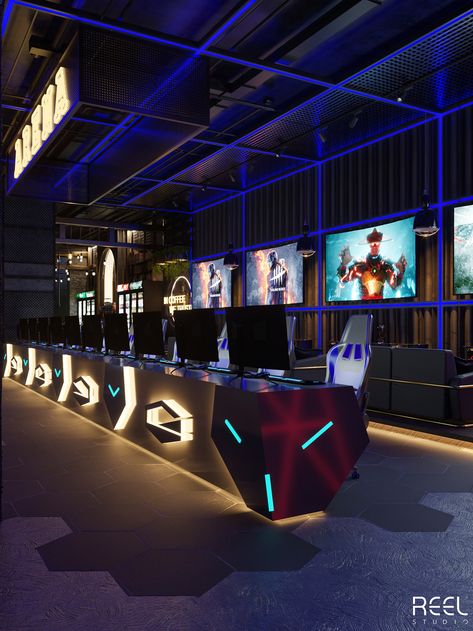 Gaming Lounge Design, Video Game Lounge, Cool Gaming Rooms, Gaming Cafe, Sport Bar Design, Game Lounge, Cafe Space, Game Room Lighting, Games Room Inspiration