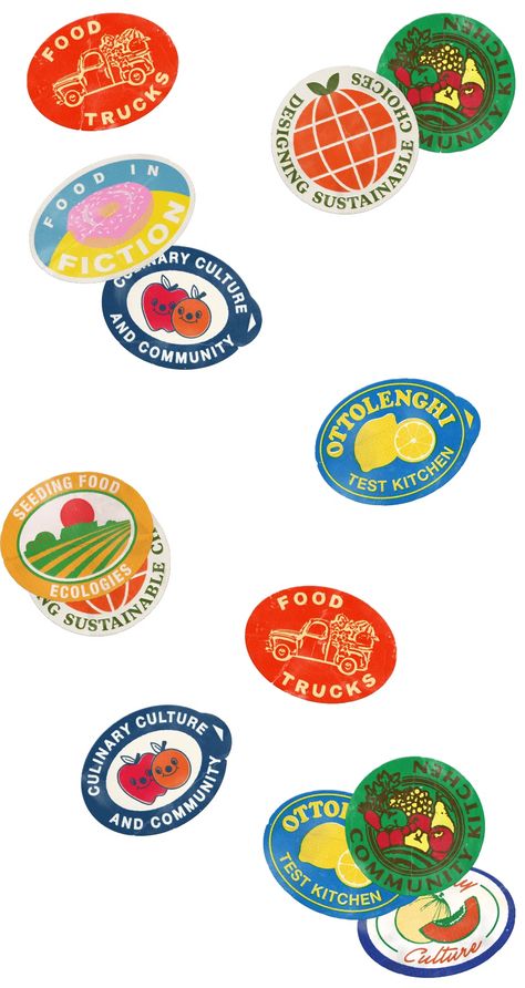 Culinary creativity: tuck into a week of features on how design shapes food culture Sticker Shapes Design, Fruit Sticker Wallpaper, Fruit Stickers Design, Retro Food Packaging, Food Illustrations Design, Fruit Sticker Tattoo, Collage Tshirts, Sticker Ideas Design, Grocery Branding