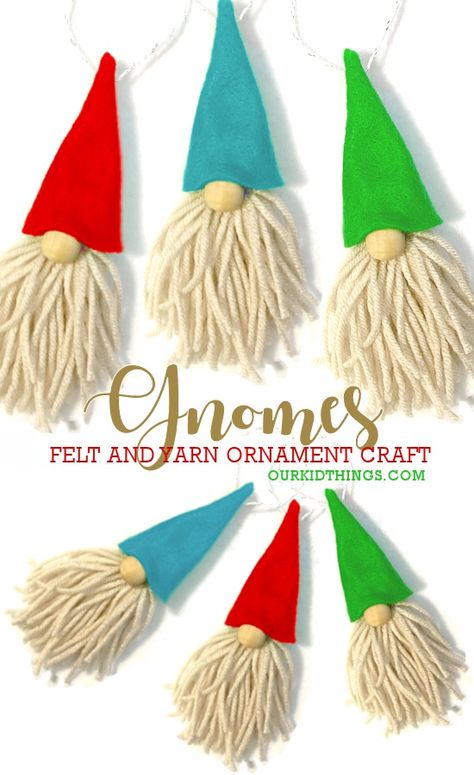 Felt Gnome Christmas Ornament Craft - Our Kid Things Nome Christmas Crafts, Ornament For Christmas Tree, Felt Xmas Ornaments Diy, Cute Easy Ornaments To Make, Cottage Christmas Ornaments, Diy Felt Gnomes, Easy Christmas Ornament Craft For Kids, Easy Christmas Crafts Ornaments, Gnomes Made With Yarn