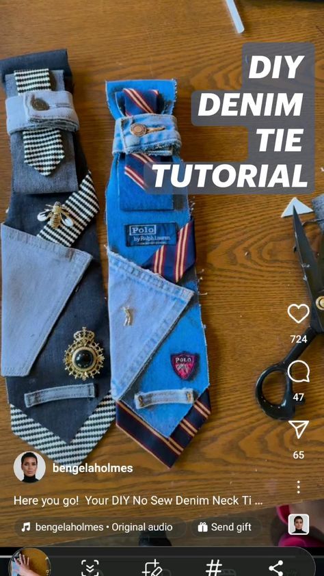 Bengela Holmes shows us how to make a fashion statement neck Tie using scraps of denim and pieces of a neck Tie. Necktie Outfits For Women, Vintage Reworked Clothing, Diy Necktie Projects, How To Make A Tie, Sew Denim, Tie Tutorial, Graduation Photoshoot Ideas, Denim Diy Clothes, Necktie Crafts