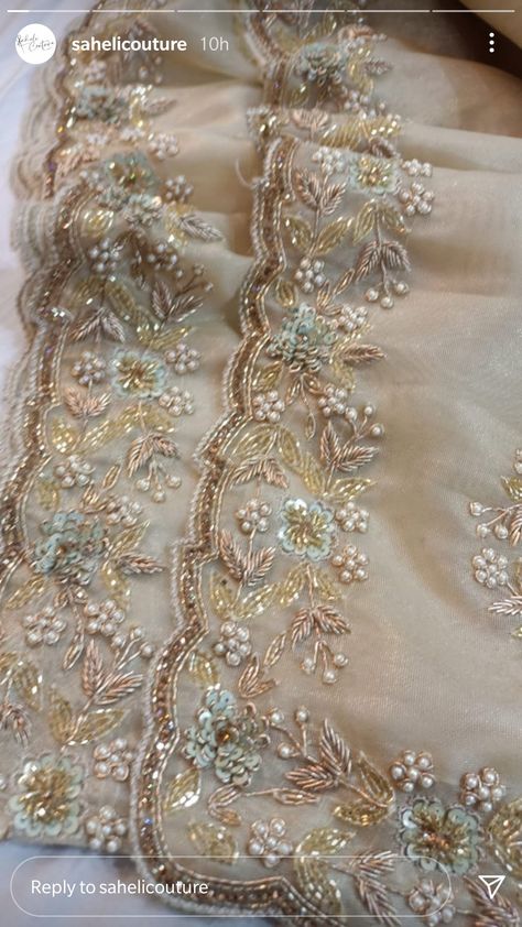 Zari Work Embroidery Saree, Hand Embroidery Dress Pakistani, Dabka Work Saree, Duppata Work Design, Dupatta Designs Ideas Hand Work, Pakistani Handwork Suits, Handwork Dupatta Design, Designer Duppatas Ideas, Hand Work On Saree