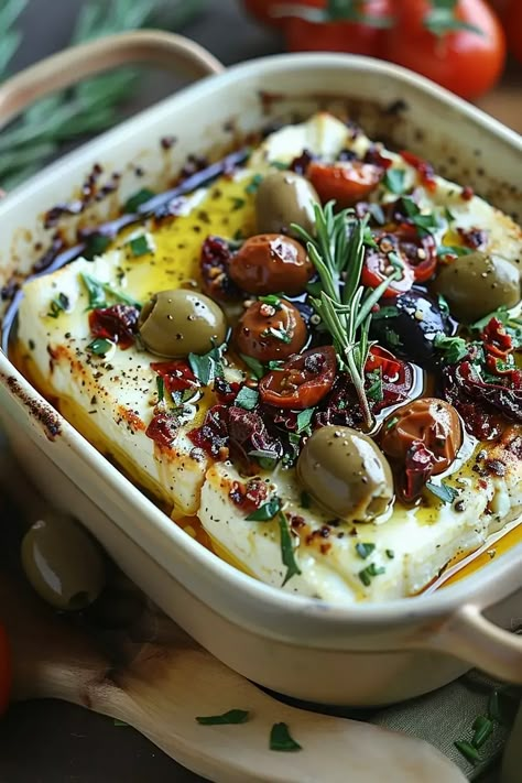 Baked Feta with Olives & Sun-Dried Tomatoes Baked Feta With Olives, Feta With Olives, Baked Feta, Sun Dried Tomatoes, Cozy Night, Sun Dried, Greek Recipes, Yummy Appetizers, Sun Dried Tomato