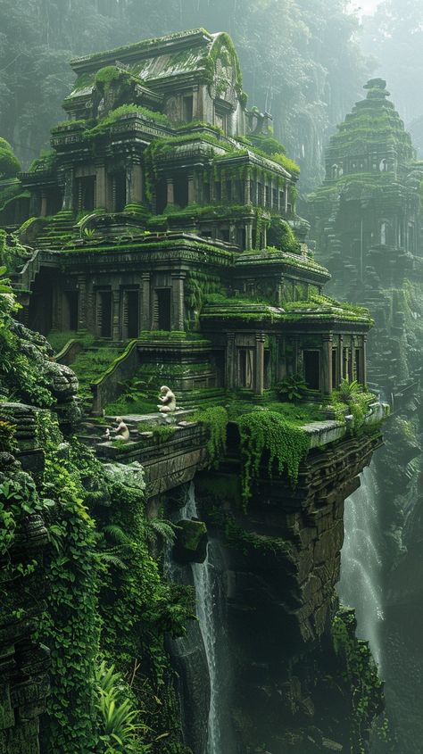 "Mystical Ancient Ruins: Enshrouded by the #verdant embrace of #nature, ancient ruins perch precariously above a roaring #waterfall. #mystical #ancient #ruins #aiart #aiphoto #stockcake ⬇️ Download and 📝 Prompt 👉 https://stockcake.com/i/mystical-ancient-ruins_582394_748756" Fantasy Ancient Ruins, Fantasy City Ruins, Ancient Ruins Concept Art, Cliff City, Alien Ruins, Garden Ruins, Fantasy Ruins, Stone Monument, Ruins Architecture