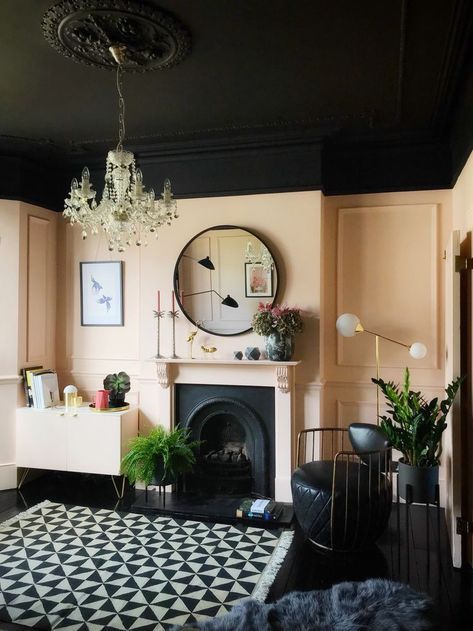 Peach pink walls and black ceiling in this London Victorian terrace. Come a take a full tour of this beautiful family home. Just wait until you see the rest of the house... Decorative Ceiling Panels, Dark Ceiling, White Interior Design, Colored Ceiling, Black Ceiling, Dark Interiors, White Ceiling, Painted Ceiling, The Ceiling