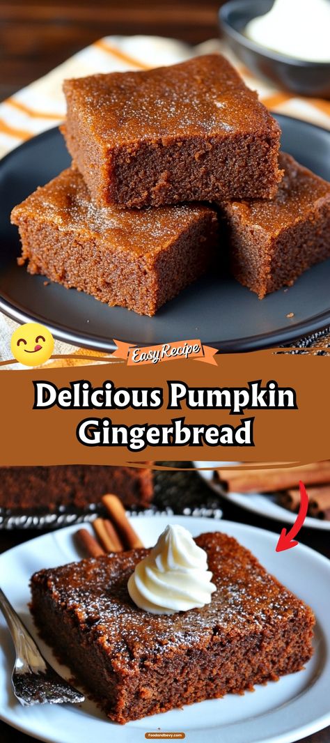 Combine the warm spices of gingerbread with the rich taste of pumpkin in this delightful Pumpkin Gingerbread. It's a moist and flavorful loaf that's perfect for cozy autumn days and holiday gatherings. Enjoy a slice with your favorite hot beverage! #PumpkinSpice #GingerbreadLove #FallBaking Pumpkin Gingerbread Bars, Gingerbread Bread Recipe, Holiday Loaf Recipes, Pumpkin Christmas Dessert, Gingerbread Loaf Recipe Moist, Gingerbread Deserts, Ginger Bread Loaf Recipes, Vegan Gingerbread Loaf, Ginger Bread Loaf